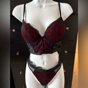 La SENZA Red and Black Lace Longline Bra & Thong Set
